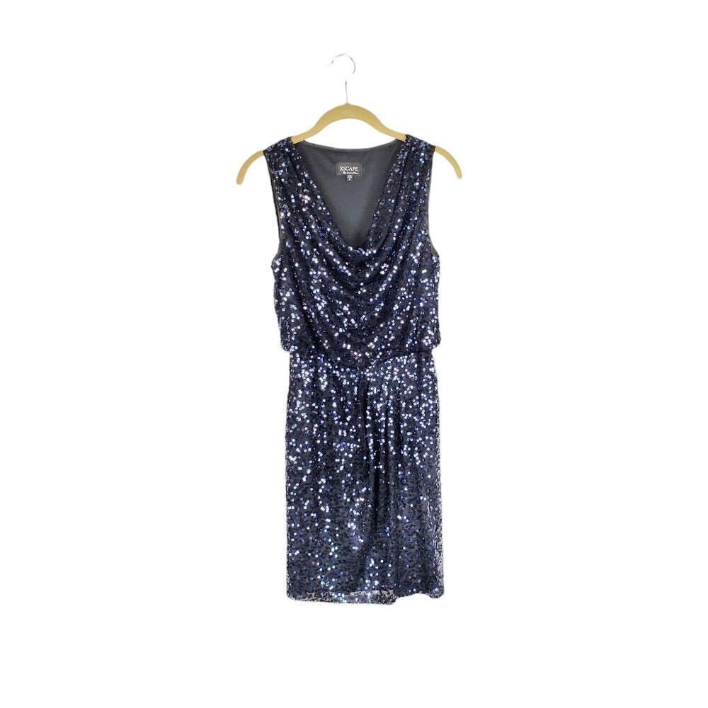 Xscape Cocktail Dress Blue Sequin Cowl Neck Sleeveless Evening Womens Size 4